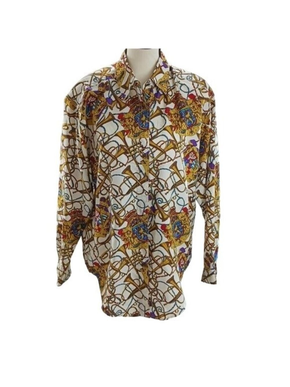 Vintage Capezio Silk Blouse Womens S Baroque Chain Crest Print Button Up